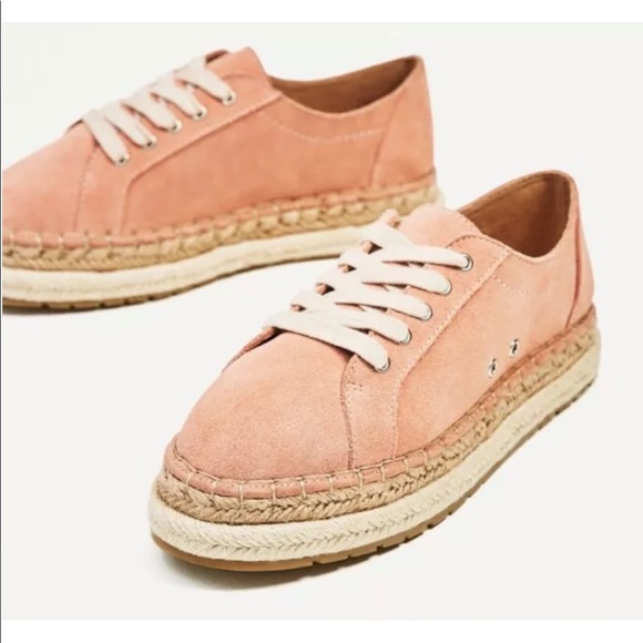 Zara TRF Women Split Suede Bluchers Flat Lace-up  Espadrille Sneakers Pink 5 - Picture 4 of 5